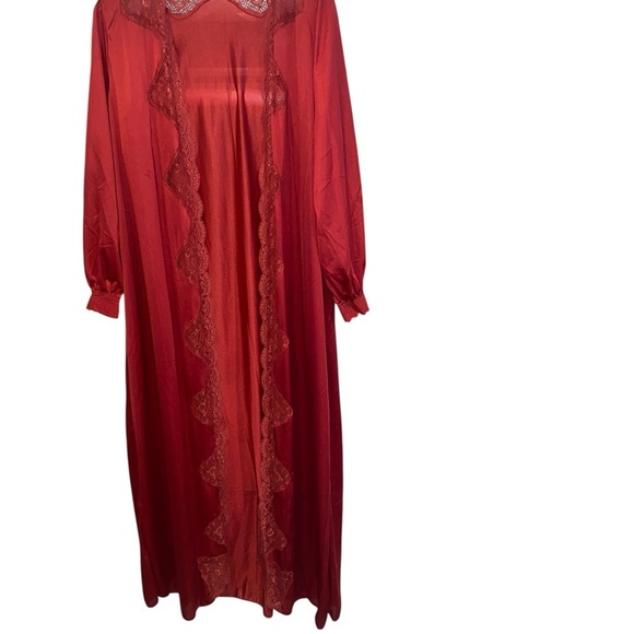 Vintage Brick Red Maxi lingerie lace long sleeve robe duster nightgown kimono - Picture 9 of 10